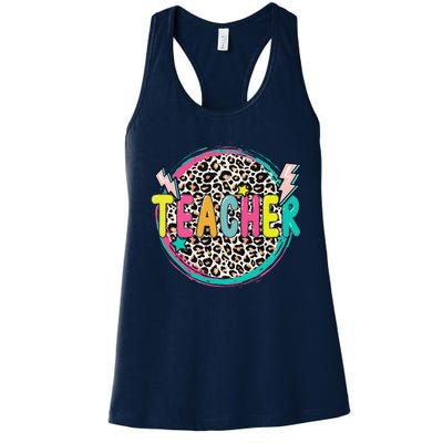 Funny Leopard Teacher Happy First Day Of School Teacher Women's Racerback Tank