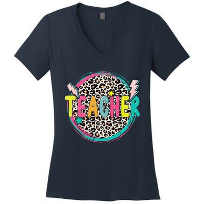 Funny Leopard Teacher Happy First Day Of School Teacher Women's V-Neck T-Shirt