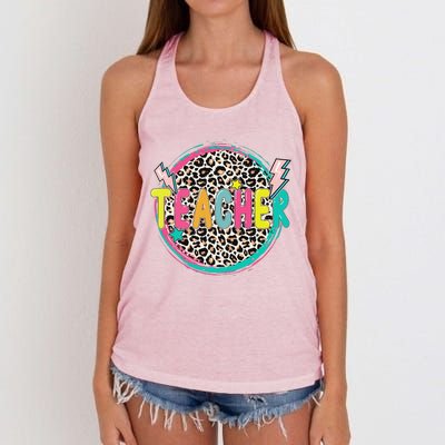 Funny Leopard Teacher Happy First Day Of School Teacher Women's Knotted Racerback Tank