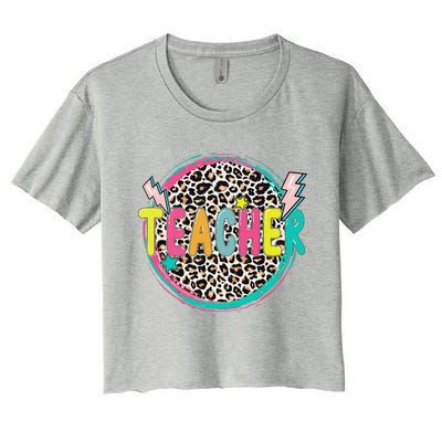 Funny Leopard Teacher Happy First Day Of School Teacher Women's Crop Top Tee