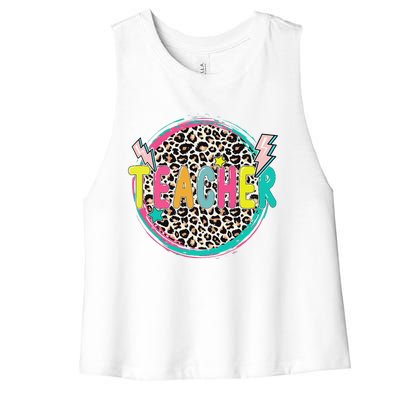 Funny Leopard Teacher Happy First Day Of School Teacher Women's Racerback Cropped Tank