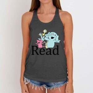 Funny Library Teacher Read Book Club Piggie Elephant Pigeons Women's Knotted Racerback Tank