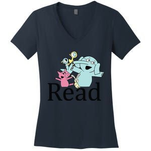 Funny Library Teacher Read Book Club Piggie Elephant Pigeons Women's V-Neck T-Shirt