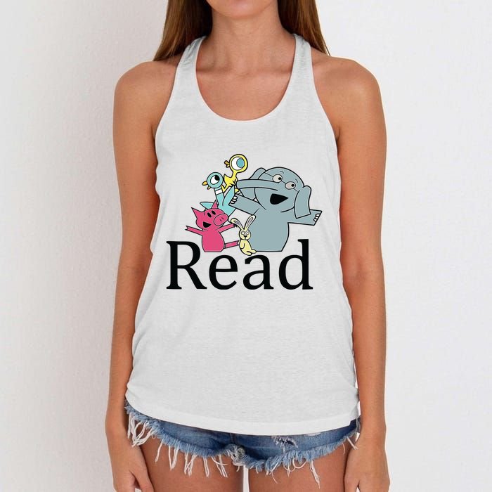 Funny Library Teacher Read Book Club Piggie Elephant Pigeons Women's Knotted Racerback Tank