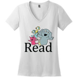 Funny Library Teacher Read Book Club Piggie Elephant Pigeons Women's V-Neck T-Shirt