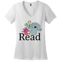 Funny Library Teacher Read Book Club Piggie Elephant Pigeons Women's V-Neck T-Shirt