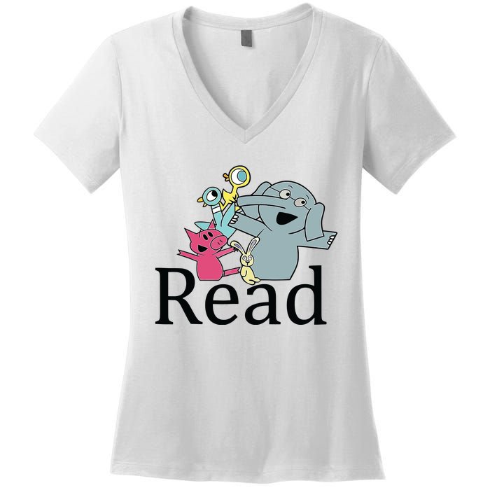 Funny Library Teacher Read Book Club Piggie Elephant Pigeons Women's V-Neck T-Shirt