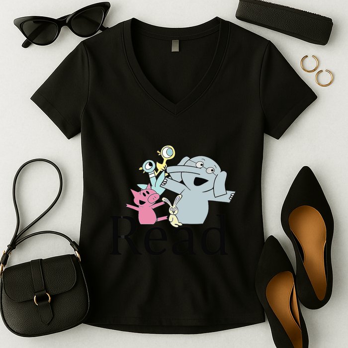 Funny Library Teacher Read Book Club Piggie Elephant Pigeons Women's V-Neck T-Shirt