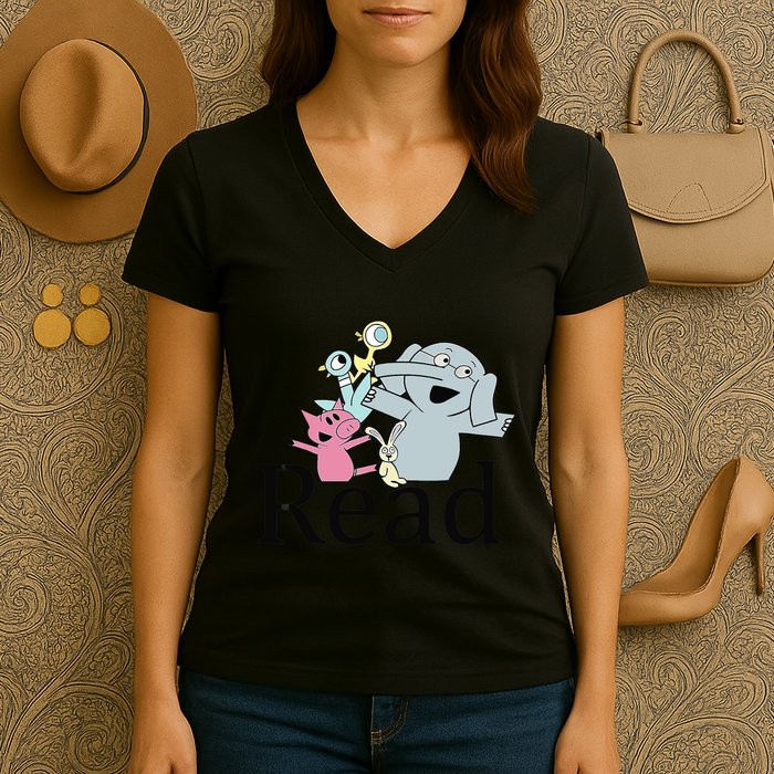 Funny Library Teacher Read Book Club Piggie Elephant Pigeons Women's V-Neck T-Shirt