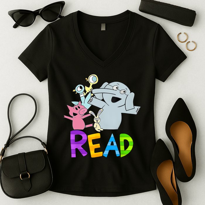 Funny Library Teacher Read Book Club Piggie Elephant Pigeons Women's V-Neck T-Shirt
