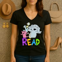 Funny Library Teacher Read Book Club Piggie Elephant Pigeons Women's V-Neck T-Shirt
