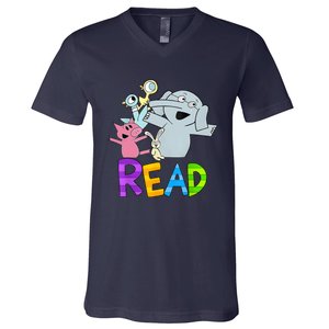 Funny Library Teacher Read Book Club Piggie Elephant Pigeons V-Neck T-Shirt