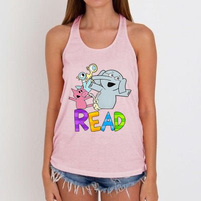 Funny Library Teacher Read Book Club Piggie Elephant Pigeons Women's Knotted Racerback Tank