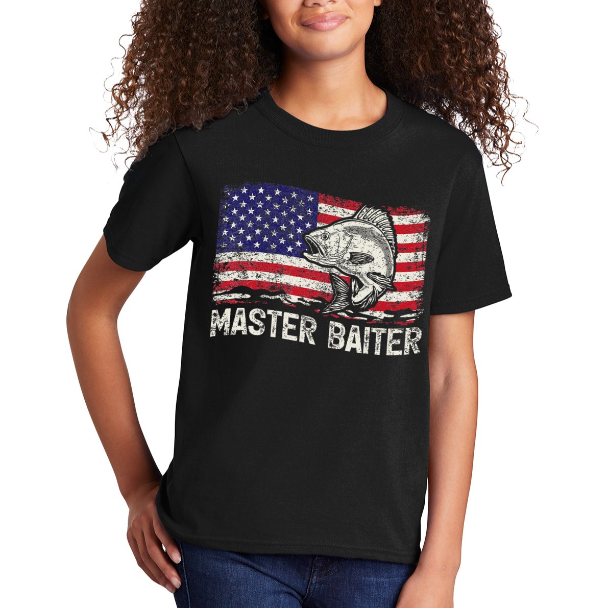 Fishing Lover Vintage American Flag Master Baiter Kids T-Shirt