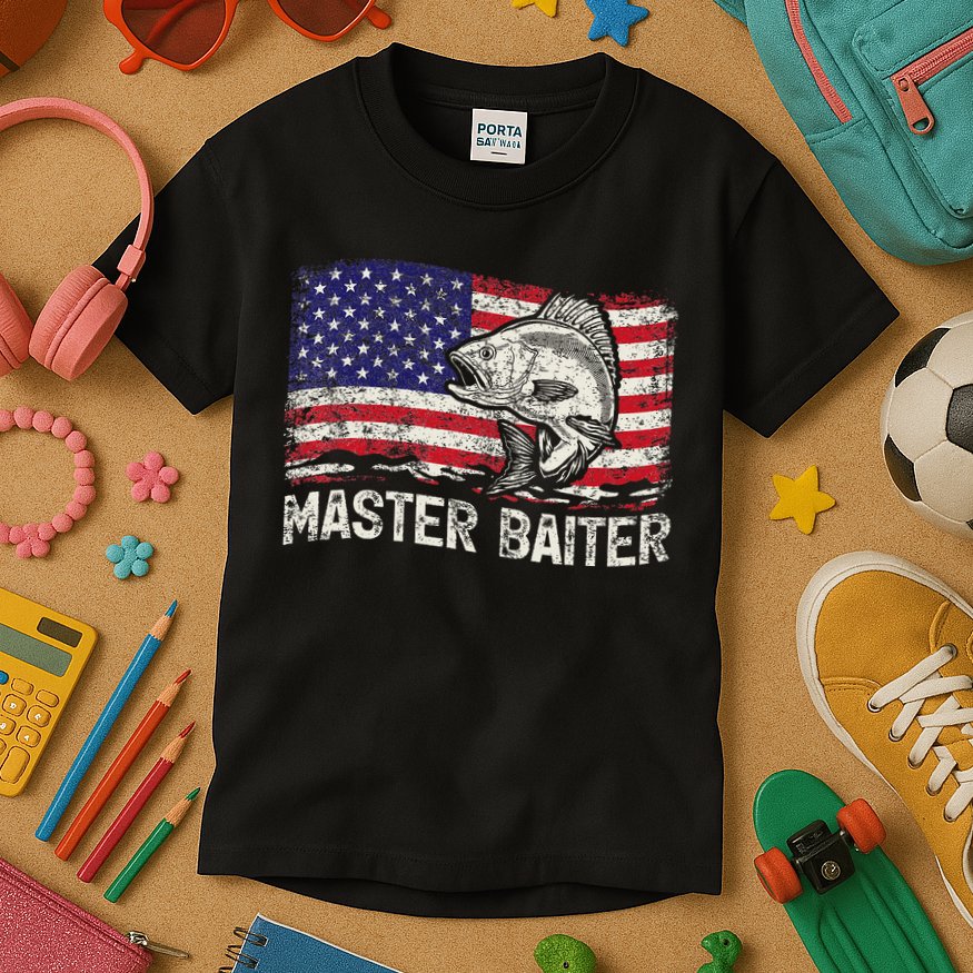 Fishing Lover Vintage American Flag Master Baiter Kids T-Shirt