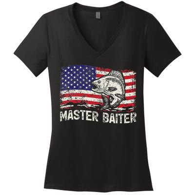 Fishing Lover Vintage American Flag Master Baiter Women's V-Neck T-Shirt