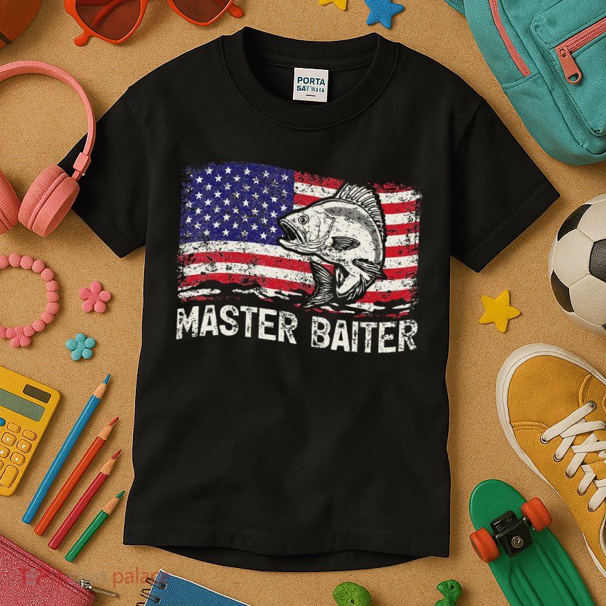 Fishing Lover Vintage American Flag Master Baiter Kids T-Shirt