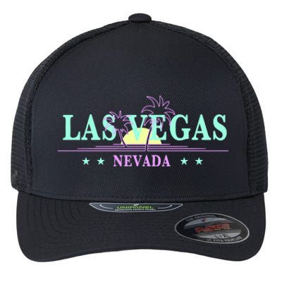 Funny Las Vegas Retro Sunset Palm Trees 1 Flexfit Unipanel Trucker Cap