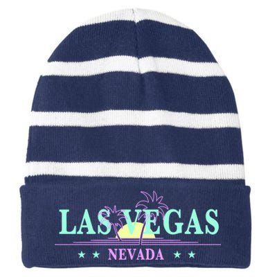 Funny Las Vegas Retro Sunset Palm Trees 1 Striped Beanie with Solid Band