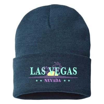 Funny Las Vegas Retro Sunset Palm Trees 1 Sustainable Knit Beanie