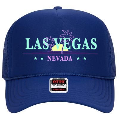 Funny Las Vegas Retro Sunset Palm Trees 1 High Crown Mesh Back Trucker Hat