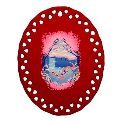 Fox Life View Illustration Ceramic Oval Ornament