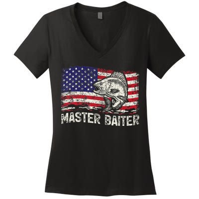 Fishing Lover Vintage American Flag Master Baiter Women's V-Neck T-Shirt