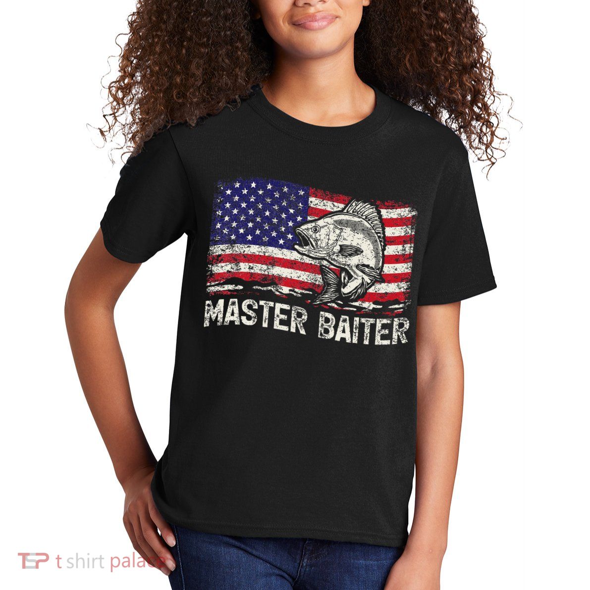 Fishing Lover Vintage American Flag Master Baiter Kids T-Shirt