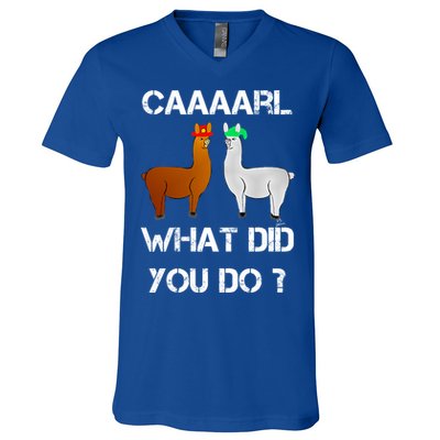 Funny Llama With Hats Gift Lama With Hat Carl What Did You Do Gift V-Neck T-Shirt