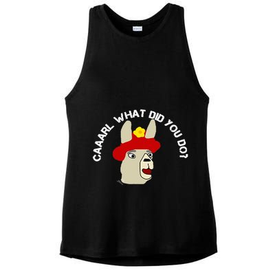funny llama with hats lama with hat carl what did you do  Ladies PosiCharge Tri-Blend Wicking Tank