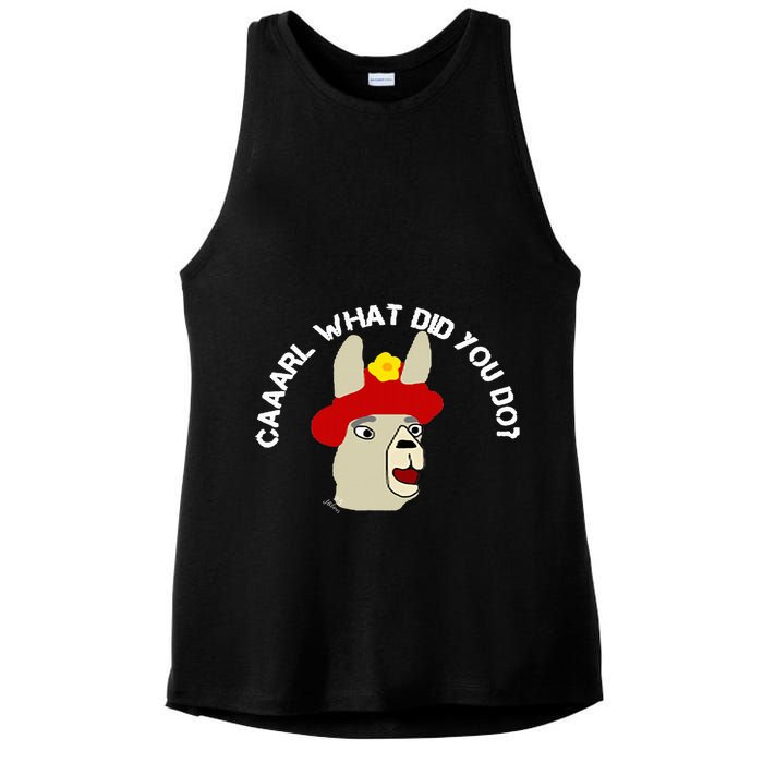 funny llama with hats lama with hat carl what did you do  Ladies PosiCharge Tri-Blend Wicking Tank