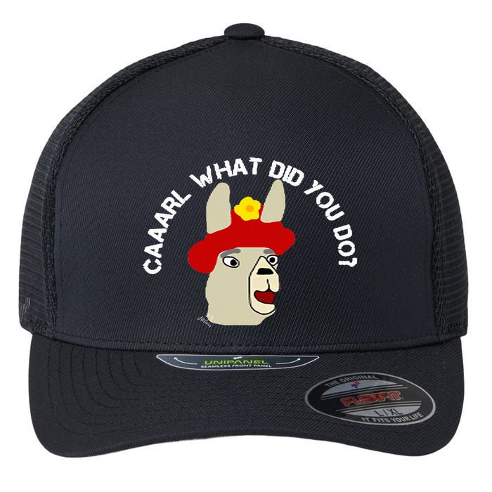 funny llama with hats lama with hat carl what did you do  Flexfit Unipanel Trucker Cap