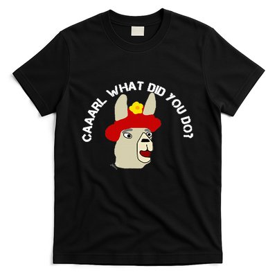 funny llama with hats lama with hat carl what did you do  T-Shirt
