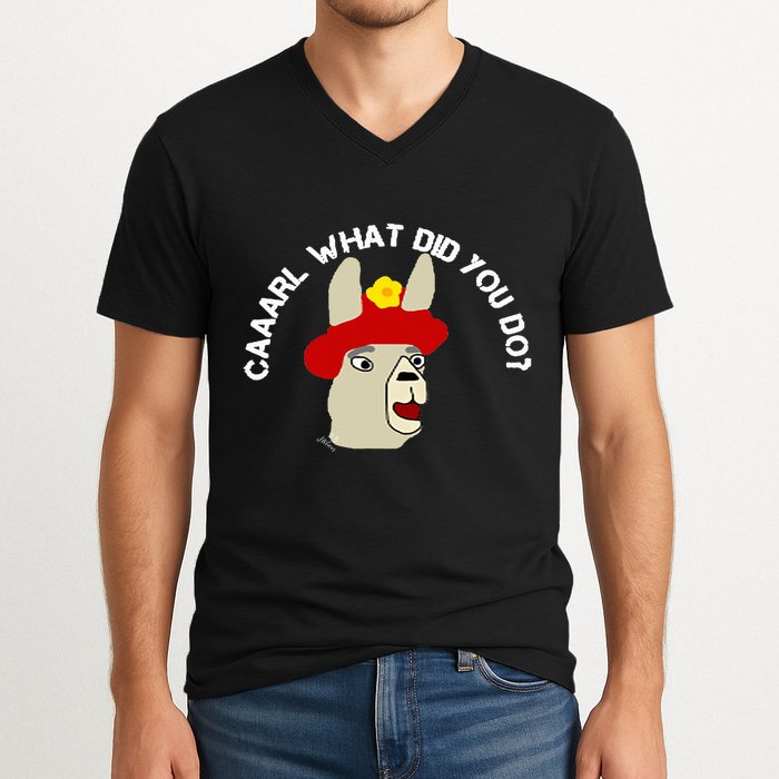 funny llama with hats lama with hat carl what did you do  V-Neck T-Shirt