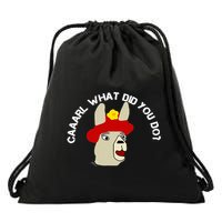 funny llama with hats lama with hat carl what did you do  Drawstring Bag