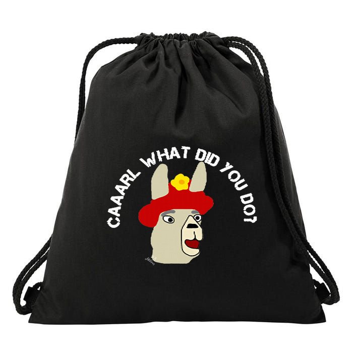 funny llama with hats lama with hat carl what did you do  Drawstring Bag