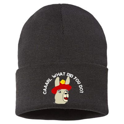 funny llama with hats lama with hat carl what did you do  Sustainable Knit Beanie