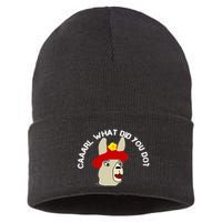 funny llama with hats lama with hat carl what did you do  Sustainable Knit Beanie
