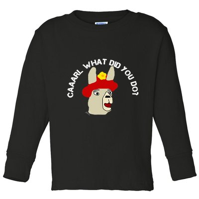 funny llama with hats lama with hat carl what did you do  Toddler Long Sleeve Shirt