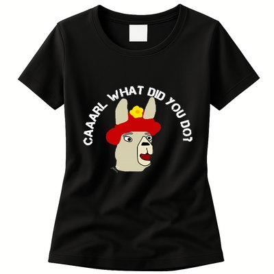 funny llama with hats lama with hat carl what did you do  Womens T-Shirt