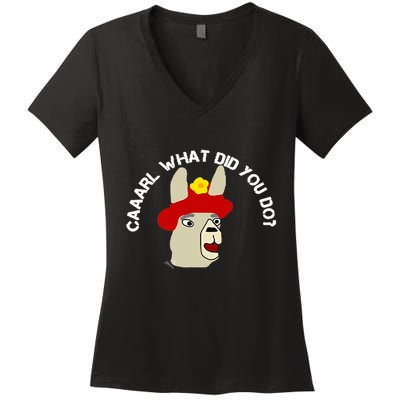 funny llama with hats lama with hat carl what did you do  Women's V-Neck T-Shirt