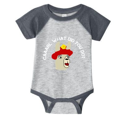 funny llama with hats lama with hat carl what did you do  Infant Baby Jersey Bodysuit
