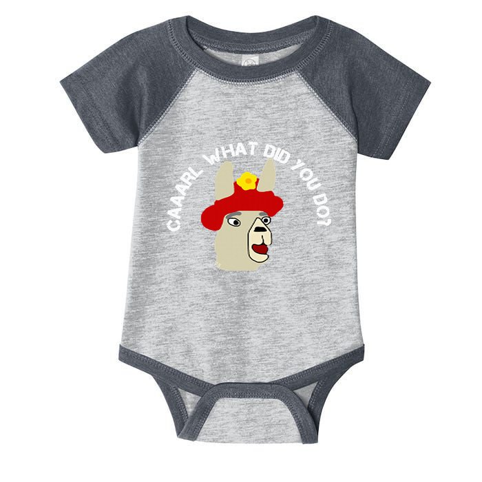 funny llama with hats lama with hat carl what did you do  Infant Baby Jersey Bodysuit