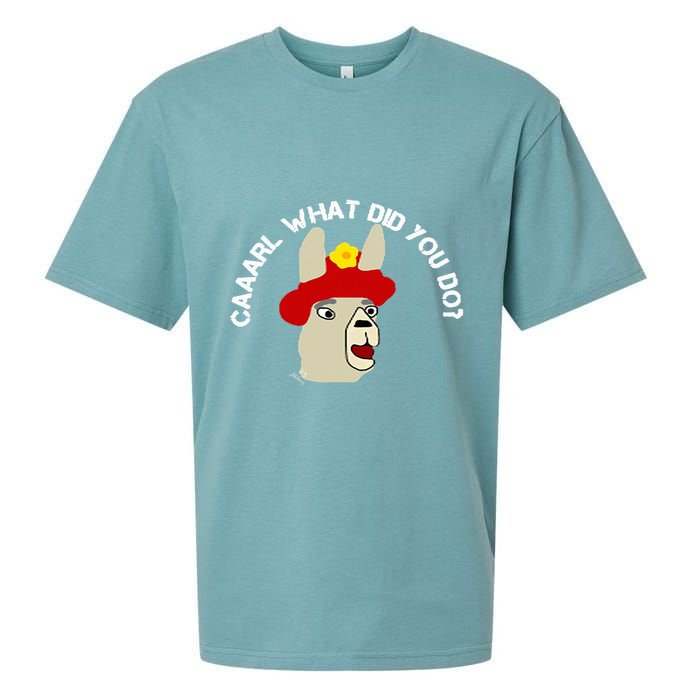 funny llama with hats lama with hat carl what did you do  Sueded Cloud Jersey T-Shirt
