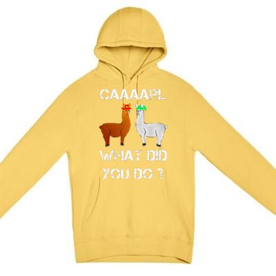 funny llama with hats lama with hat carl what did you do  Premium Pullover Hoodie