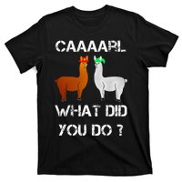 funny llama with hats lama with hat carl what did you do  T-Shirt