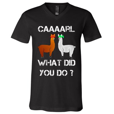 funny llama with hats lama with hat carl what did you do  V-Neck T-Shirt
