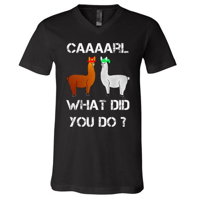 funny llama with hats lama with hat carl what did you do  V-Neck T-Shirt