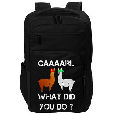 funny llama with hats lama with hat carl what did you do  Impact Tech Backpack