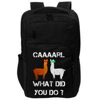 funny llama with hats lama with hat carl what did you do  Impact Tech Backpack